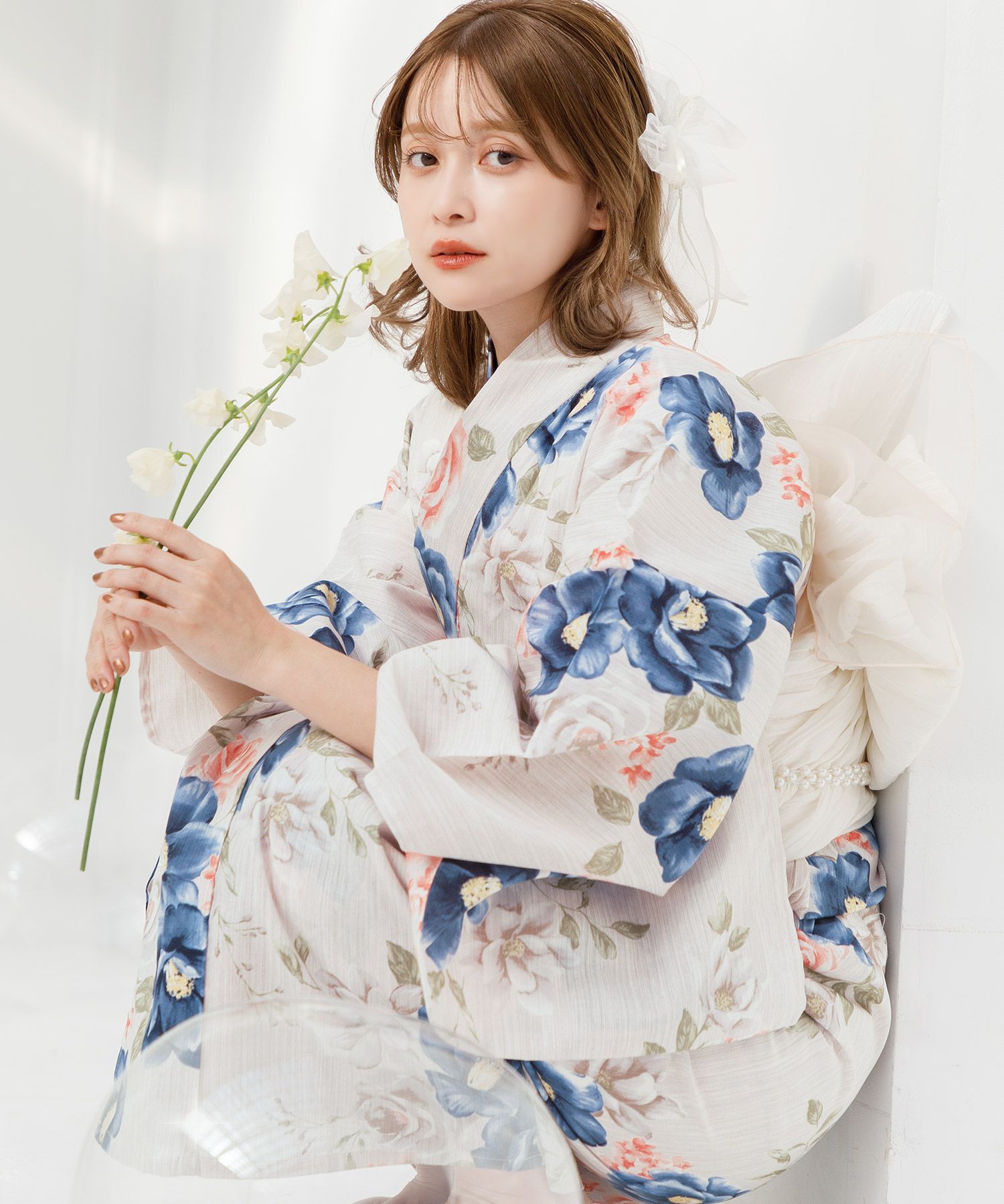 浴衣・帯セット Dita洋花の花重ね 淡い かわいい 白ベース 洋花の花重ね | Dita（ディータ）オフィシャルストア
