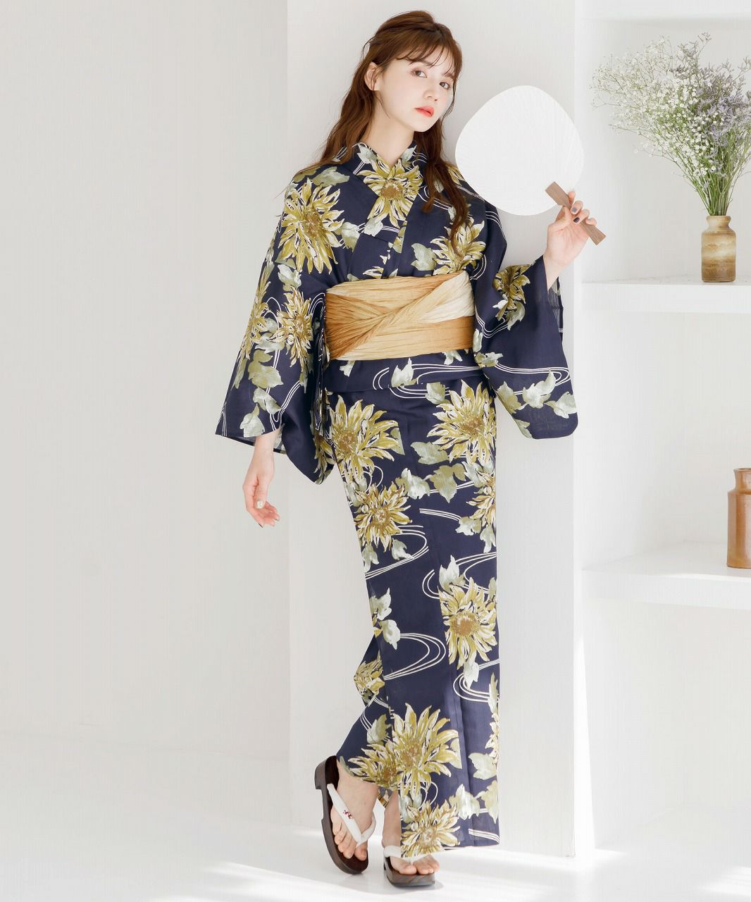 5点セット(浴衣・しわ兵児帯・下駄・着付け本・腰ひも)夏色の向日葵しらべ(藍) 夏色の向日葵しらべ(藍) | Dita（ディータ）オフィシャルストア