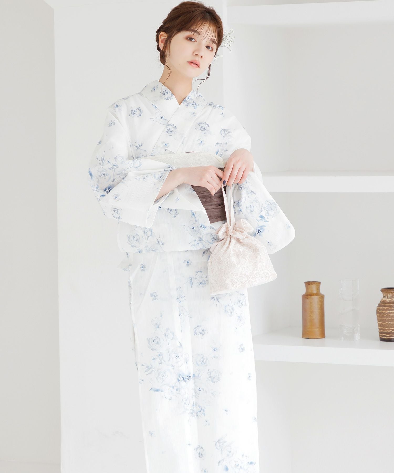 浴衣・帯セット Dita洋花の花重ね 淡い かわいい 白ベース 洋花の咲きちらし | Dita（ディータ）オフィシャルストア